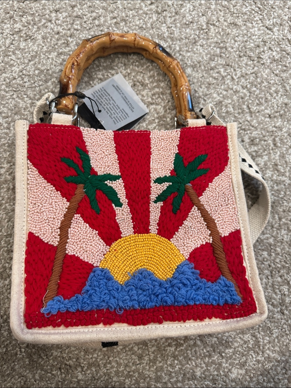 Embroidered Palm Sunrise Mini Bag with Bamboo Handle - Red